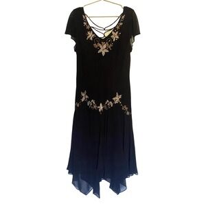SL Fashions Black Chiffon Beaded Embroidered Dress Handkerchief Hem Size 16 Boho